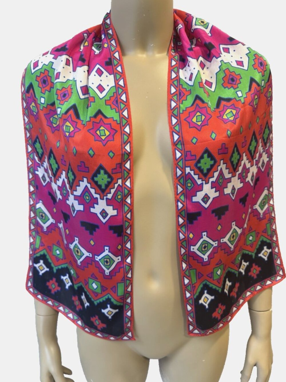 VTG Silk Scarf, Jacqueline Ferrar Vibrant Kilim Inspired Geometrics 10"x53"